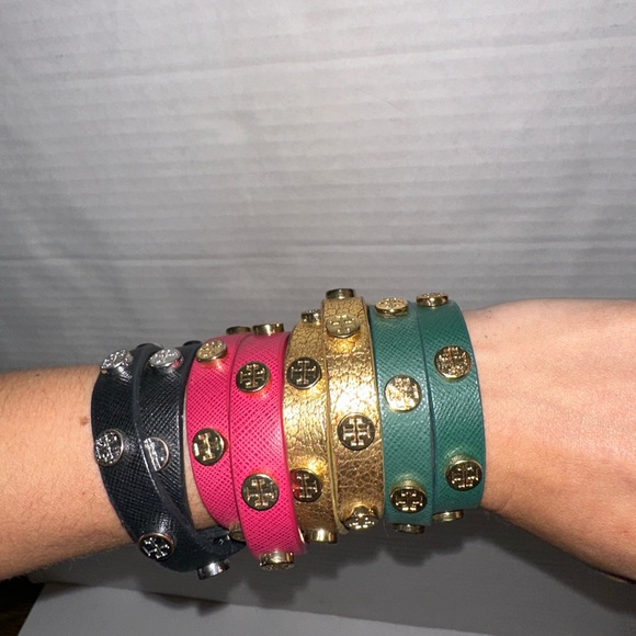 6 Tory Burch Leather Wrap Bracelet Stud Red Green Silver Black Gold Pink Set of6 - Picture 5 of 10